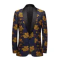 Men's floral jacquard blazer detail, elegant black shawl lapel, slim fit casual jacket style. - US S / Tops / Yellow Blue Peony