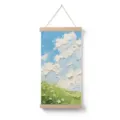 Spring landscape scroll hanging painting, textured impasto blue sky white cloud decor. - Width 20 x Height 40 cm / 1