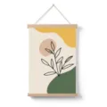 Nordic abstract botanical hanging scroll wall art, neutral canvas painting wood rails. - 6