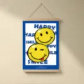 Dipinto a rotolo con smiley giallo cartone animato blu Klein, decorazione murale per cameretta. - XX-8