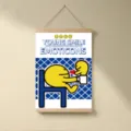 Dipinto a rotolo appendiabiti viso sorridente giallo cartone animato blu Klein decoro - XX-9