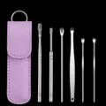 Stainless Steel Ear Pick Set Purple Case 6 Pcs Earwax Removal Tool Cleaning Kit Portable - 6-Piece Set / Purple