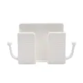 White wall-mounted remote control holder and phone charging stand with convenient dual side hooks. - White with Hook