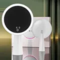 Desktop LED makeup mirror with ring fill light, smart touch control and digital clock display. - 3-Gear Brightness + Time Display / Ivory