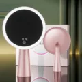 Pink desktop LED makeup mirror with ring light, touch screen and digital clock display. - 3-Gear Brightness + Time Display / Rose Pink