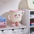Cute desktop mini trash can with lid, creative robot design, pink and cream storage bucket. - No Lid / Pink