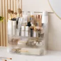 Transparenter 3-Schichten Acryl Kosmetik Organizer mit Schubladen für Pinsel und Pflege. - Cremefarben 3 Ebenen [2 Schubladen] (Transparent)