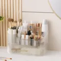 Transparenter Acryl Make-up Organizer mit Schublade und Pinselhalter für Kosmetik und Tisch. - Cremefarben 2 Ebenen [1 Schublade] (Transparent)