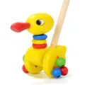 Holz Ente Schiebe Lauflernspielzeug für Kleinkinder, gelb mit bunten Perlen zum Laufen. - Ente mit langem Schnabel