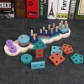 Wooden shape sorting stacking toy for toddlers, colorful geometric matching puzzle blocks. - Standard Type