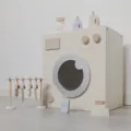 Wooden pretend play washing machine toy set kids miniature laundry room simulator props. - Cream Washing Machine