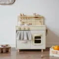 Cream wooden pretend play kitchen toy for kids toddlers toddler mini cooking set wooden toy nursery - Cream Kitchen