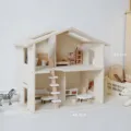 Wooden dollhouse miniature furniture set, cute multi-room pretend play toy for kids. - Cream Dollhouse