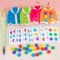 Wooden montessori lacing toy button sewing set for kids fine motor skills early education. - Color Boxed