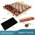 Wooden magnetic chess and checkers set with folding board, storage bag and game pieces. - Magnetic 2-in-1 Chess Set