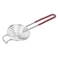 Stainless steel spiral egg white separator detail view showing the metal wire and red handle. - Brown
