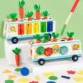 Wooden multi-functional educational toy car for kids with shape sorting and carrot pull. - Multifunctional Educational Truck