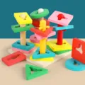 Wooden geometric shape sorting toy detail, colorful multi-column educational puzzle blocks. - Colorful Geometric Shape