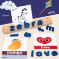 Jeu educatif en bois d'epellation de mots avec cartes alphabet et blocs de lettres. - Jeu d'orthographe bleu modèle B