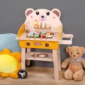 Children wooden BBQ grill toy pretend play kitchen cute bear cooking cart with food skewers. - Bear BBQ Cart