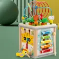 Multi-functional wooden activity cube toy with bead maze, shape sorter, and kids learning - 7-in-1