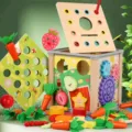Wooden multi-functional 10-in-1 shape sorting toy box with carrot pulling and gears for kids. - 9-in-1
