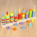 Wooden color sorting rings stacking toy for early childhood education and brain training. - Solid Wood 7-Color 9-Peg Stacker