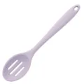 Purple silicone slotted spoon kitchen cooking utensil with hanging hole and drainage holes. - Skimmer / Purple