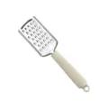 Stainless steel cheese grater with beige ribbed handle, ideal for kitchen shredding. - Flat Large Hole