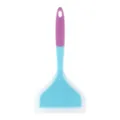 Silicone spatula for non-stick pan, wide kitchen cooking tool with hanging hole. - Blue Head Pink Handle