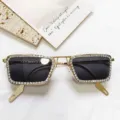 Rhinestone square sunglasses for women, fashionable metal frame luxury sun glasses style. - Gold Frame Grey Lens