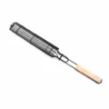 Stainless steel BBQ grill basket with wood handle, original color, for outdoor camping. - Natural Color Handle
