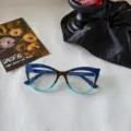 Trendy colorblock cat-eye blue light blocking glasses frame, stylish chic eyewear for women detail. - Leopard Blue Blue