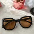 Detailaufnahme von schicken schwarzen Cat-Eye-Sonnenbrillen mit braunen Gläsern für Damen. - Schwarzer Rahmen Tee Gläser