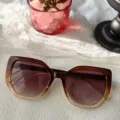 Nahaufnahme von übergroßen Farbverlauf-Katzenauge-Sonnenbrillen, stilvolles Detail. - Braun bis Transparent Verlauf
