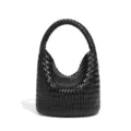 Black woven leather bucket bag, stylish handbag with top handle for women daily wear. - Black