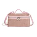 Pink rhinestone vanity shoulder bag, sparkling box handbag with top handle and strap. - Pink
