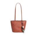 Bolso tote de cuero tejido marrón con asas largas y abalorio de cuentas, gran capacidad. - Marrón Ámbar