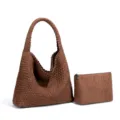 Braune gewebte Schulter-Tote-Tasche mit Pouch, lässige große minimalistische Alltagstasche. - Eltern-Kind-Set / Kastanienbraun