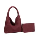 Bordeaux Gewebte Schultertasche Tote Bag mit Etui Minimalistische Freizeittasche - Eltern-Kind-Set / Burgunderrot