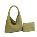 Grüne geflochtene Umhängetasche mit Beutel, lässige große Shopper Tasche für Damen. - Eltern-Kind-Set / Avocadogrün