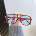 Gafas de sol retro de carey con doble puente y lentes azul claro para mujer y hombre. - Montura Leopardo Lente Azul