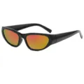 Y2K futuristic cyberpunk sunglasses, black wrap frame with red reflective mirror lenses. - Black Frame Red Mirror