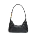 Schwarze geflochtene Leder Hobo Schultertasche, weiche Halbmond Tasche mit Metallknoten. - Schwarz