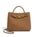Brown Woven Leather Handbag, Elegant Top Handle Crossbody Bag with Chic Metal Knot Detail. - Y1747# Khaki