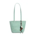 Bolso tote de cuero trenzado hecho a mano con correa y abalorio, bolso tipo cubo grande. - Verde menta