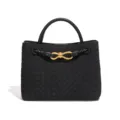 Black woven leather top-handle tote bag with elegant gold knot hardware and sturdy handles. - Y1747 Black