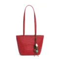 Bolso tote trenzado de cuero rojo para mujer, bolso de hombro grande con abalorios. - Rojo Amapola