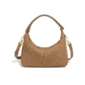 Elegante gewebte Wildleder Hobo Schultertasche, braune Freizeittasche mit goldener Hardware. - Khaki