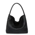 Schwarze geflochtene Leder Umhaengetasche Damen Hobo Tote grosse Kapazitaet Tasche - Schwarz